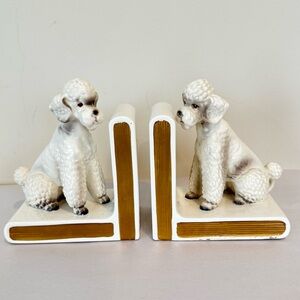 Vintage Lefton White Gold Poodle Dog Bookends Mid-Century Ceramic Japan Artsy